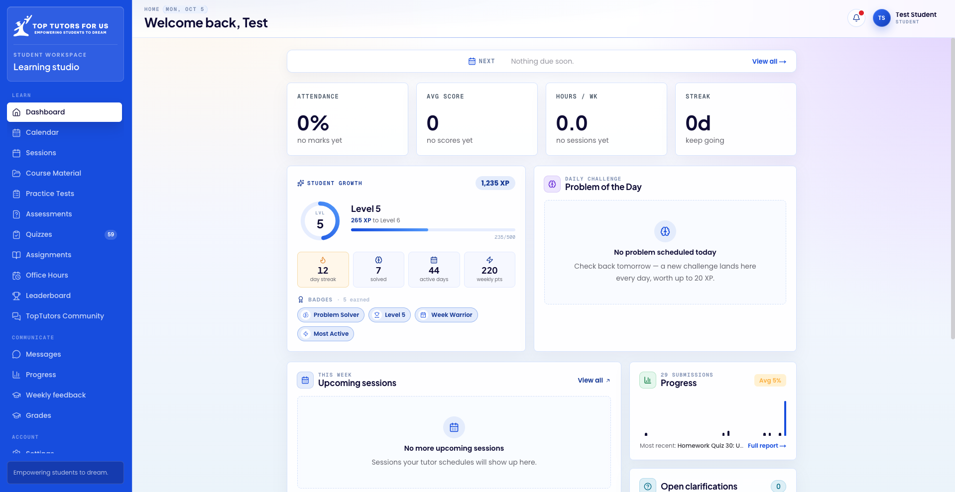 Student dashboard home