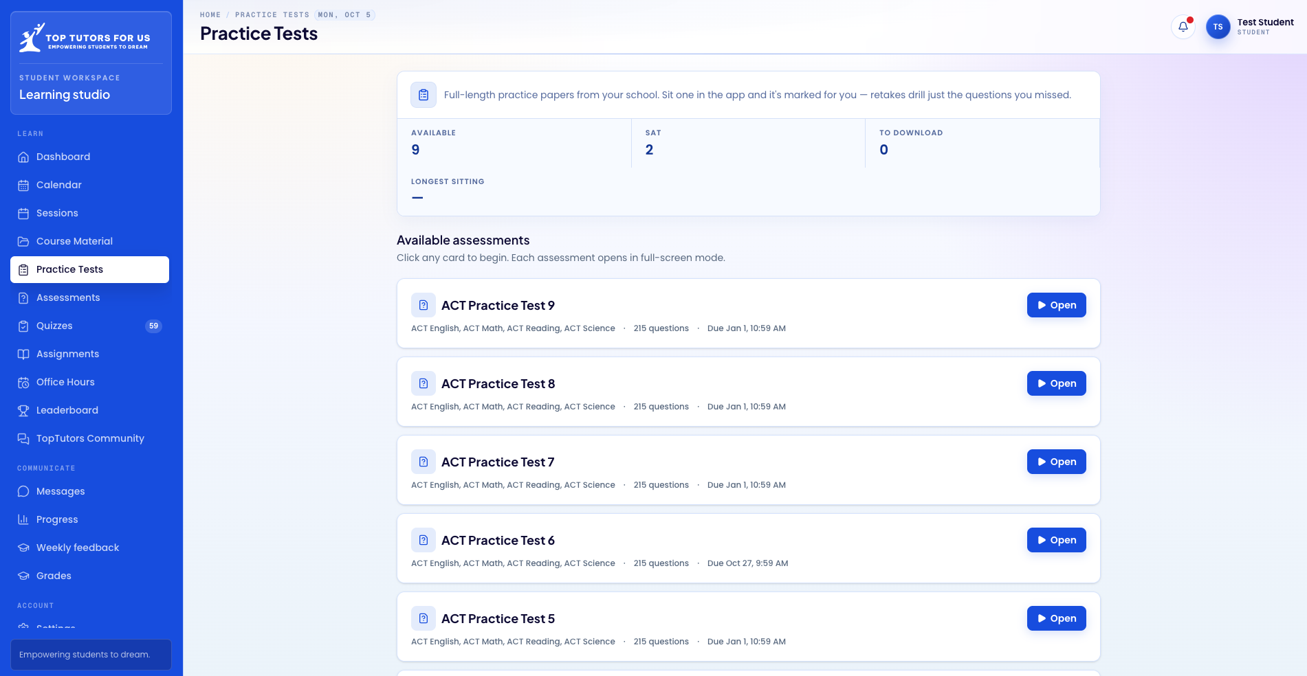 Student dashboard practice tests