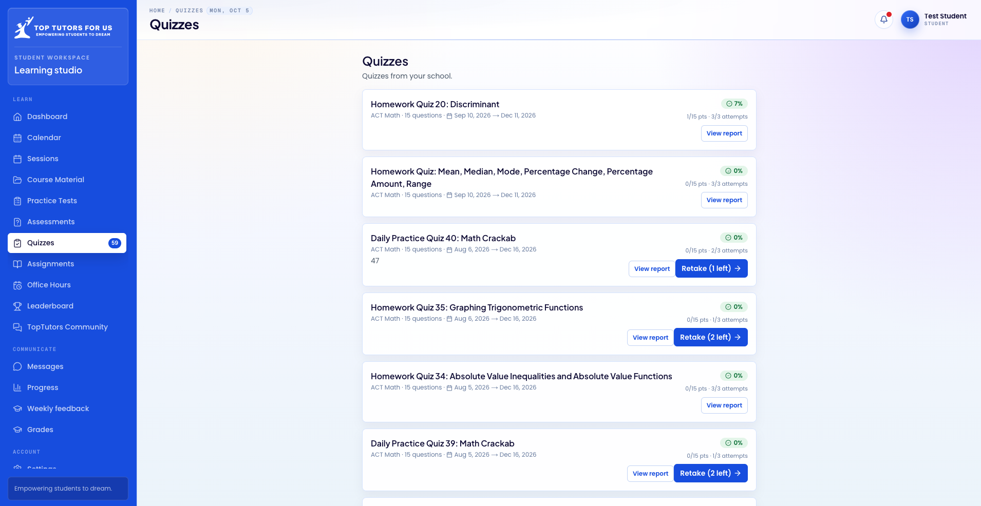 Student dashboard quizzes