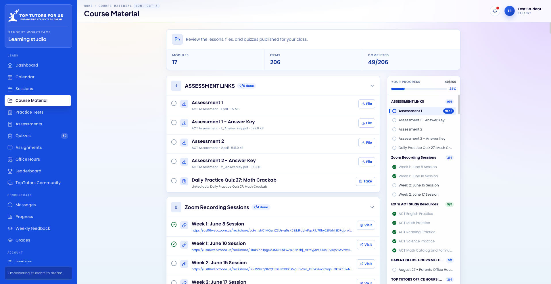Student dashboard course material