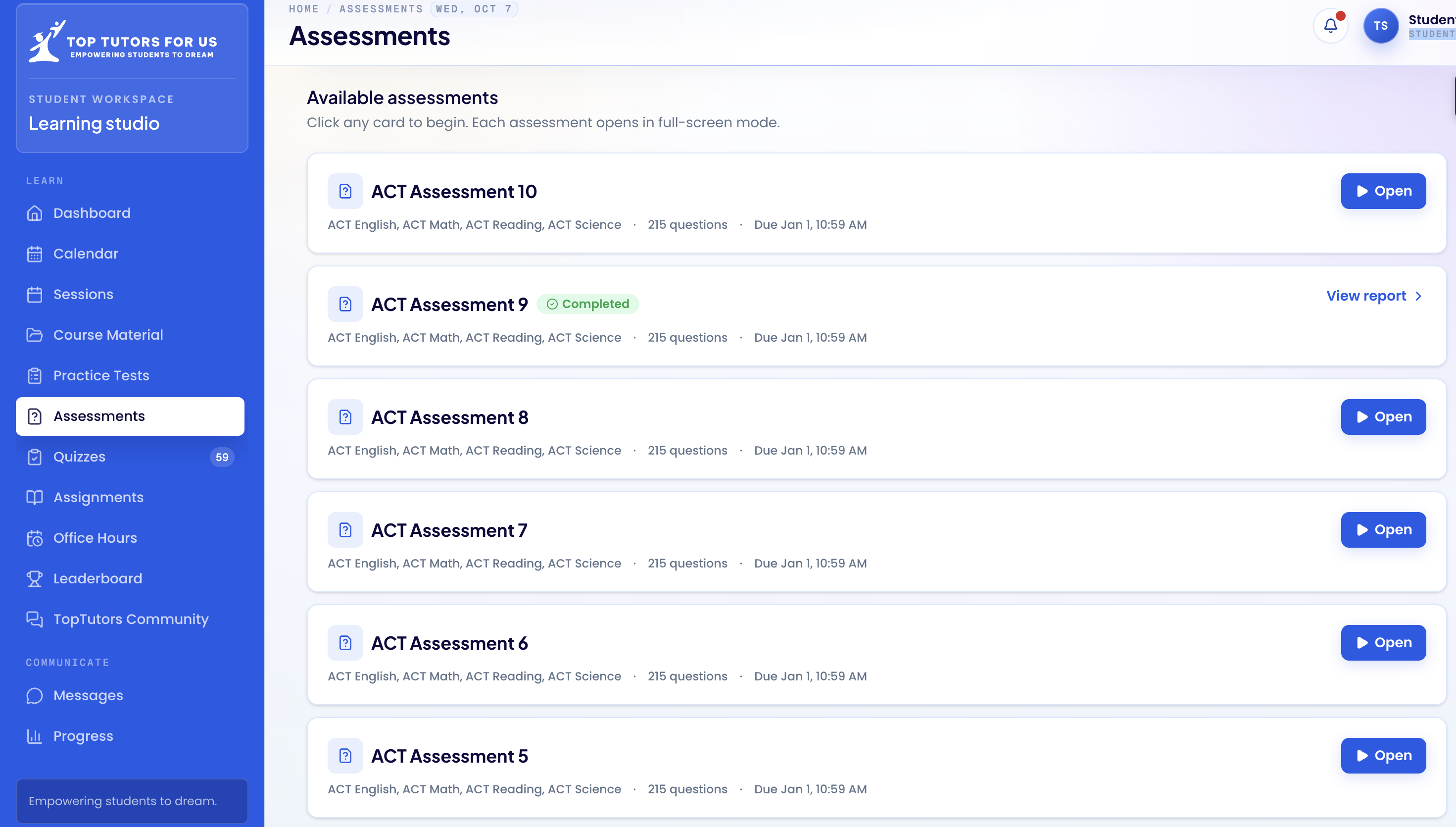 Student dashboard practice tests