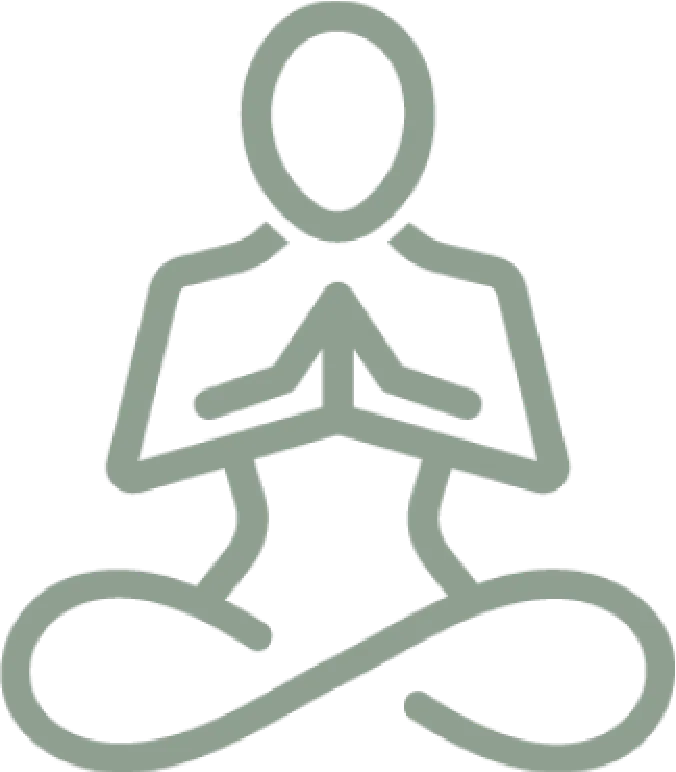 Outline of a person sitting cross-legged with hands pressed together in a meditation pose.
