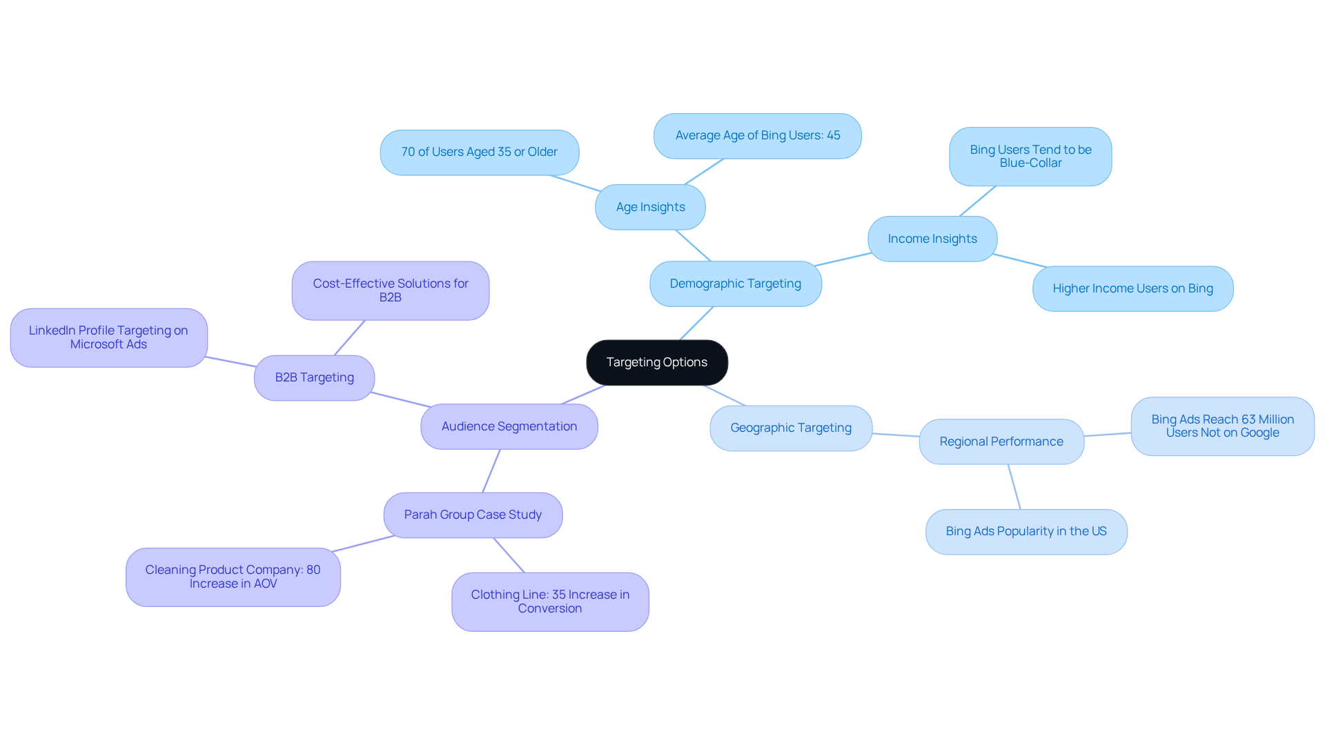 At the center is the main concept of targeting options. Each branch represents a different strategy, with further details showing how they connect to real-world applications and demographic insights.