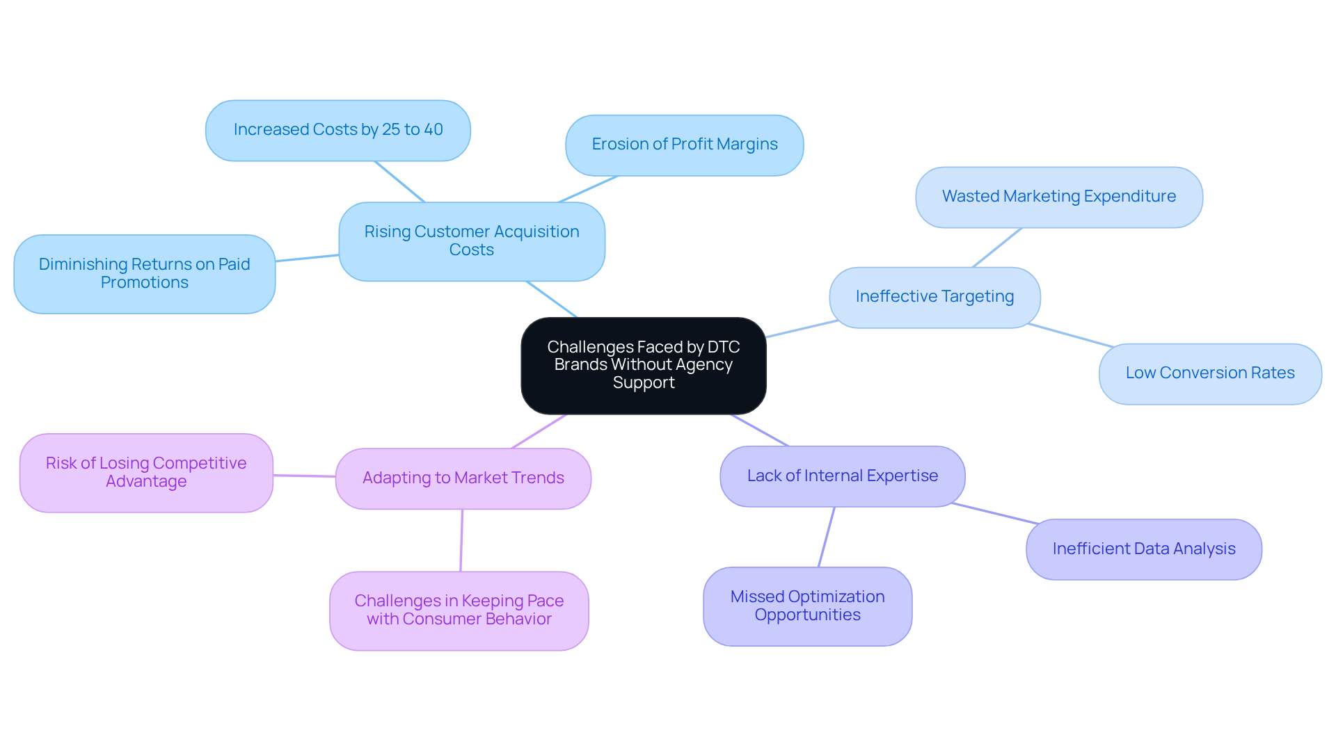 The central node represents the overall theme of challenges faced by DTC brands, while each branch highlights a specific challenge. The sub-branches provide additional details about the implications of these challenges, helping you visualize the complex issues at play.
