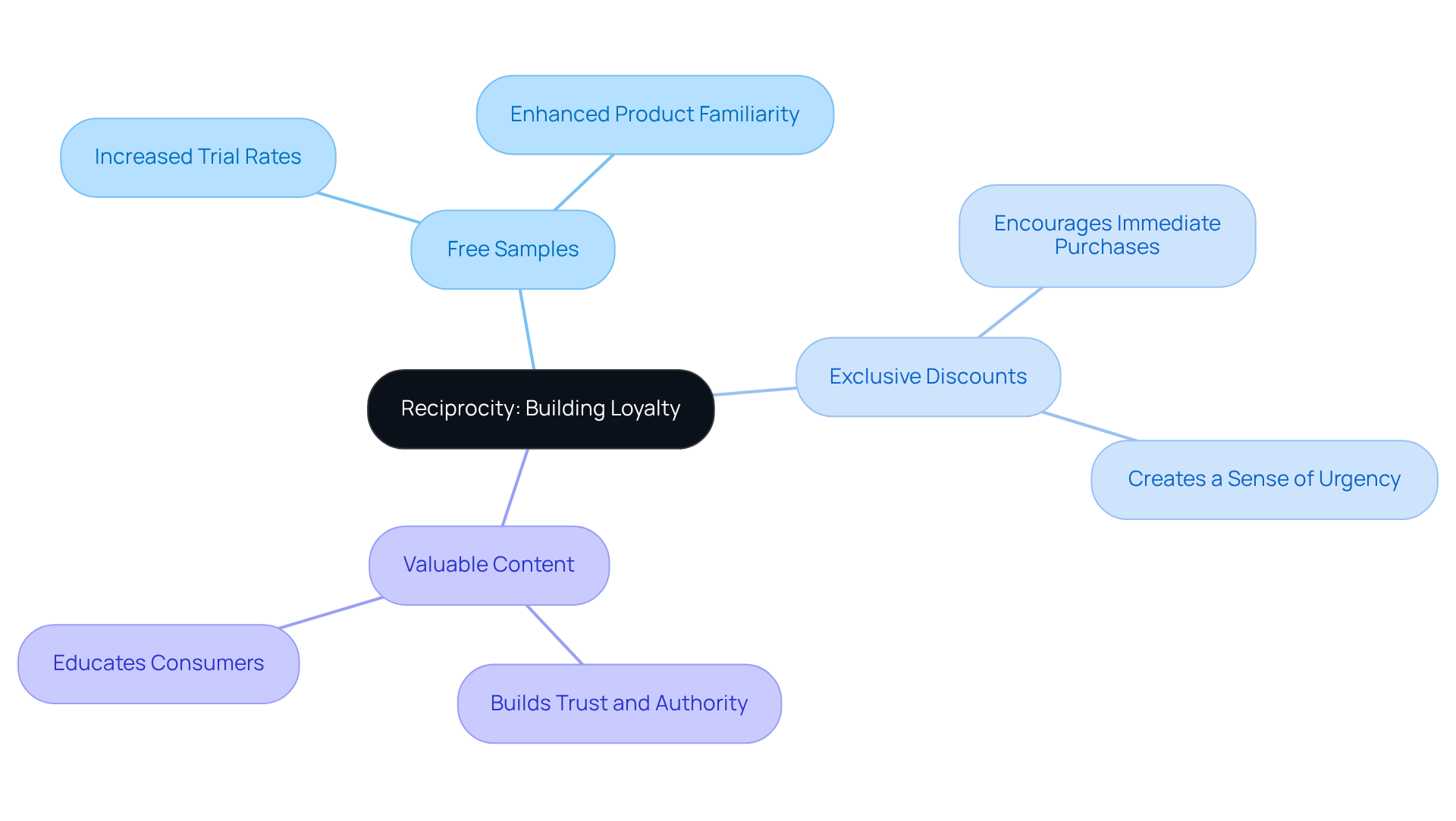 The central idea is reciprocity, showing how offering value can lead to customer loyalty. Each branch represents a tactic that DTC companies can use to foster this relationship.