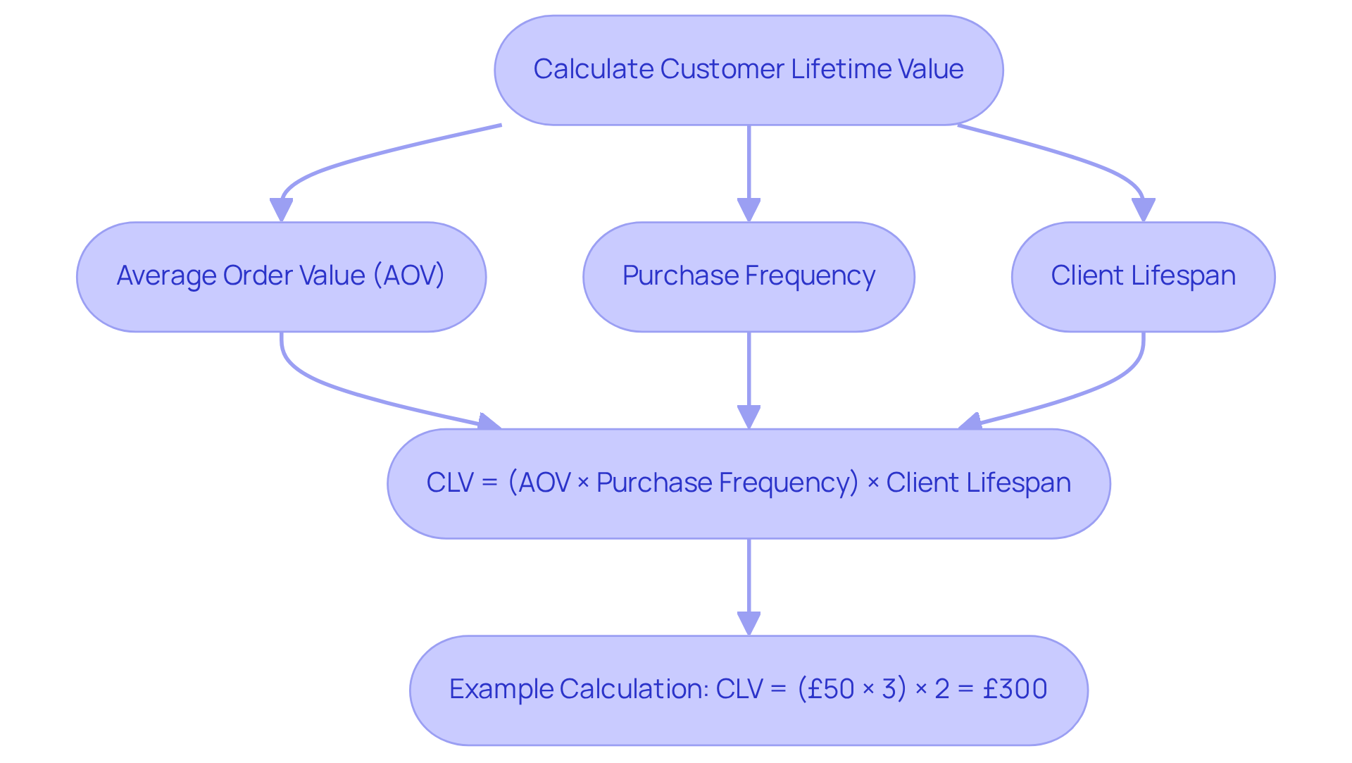 Follow the arrows to understand how each component contributes to calculating customer lifetime value. Each box explains a part of the process, and the final box shows how it all comes together in the formula.