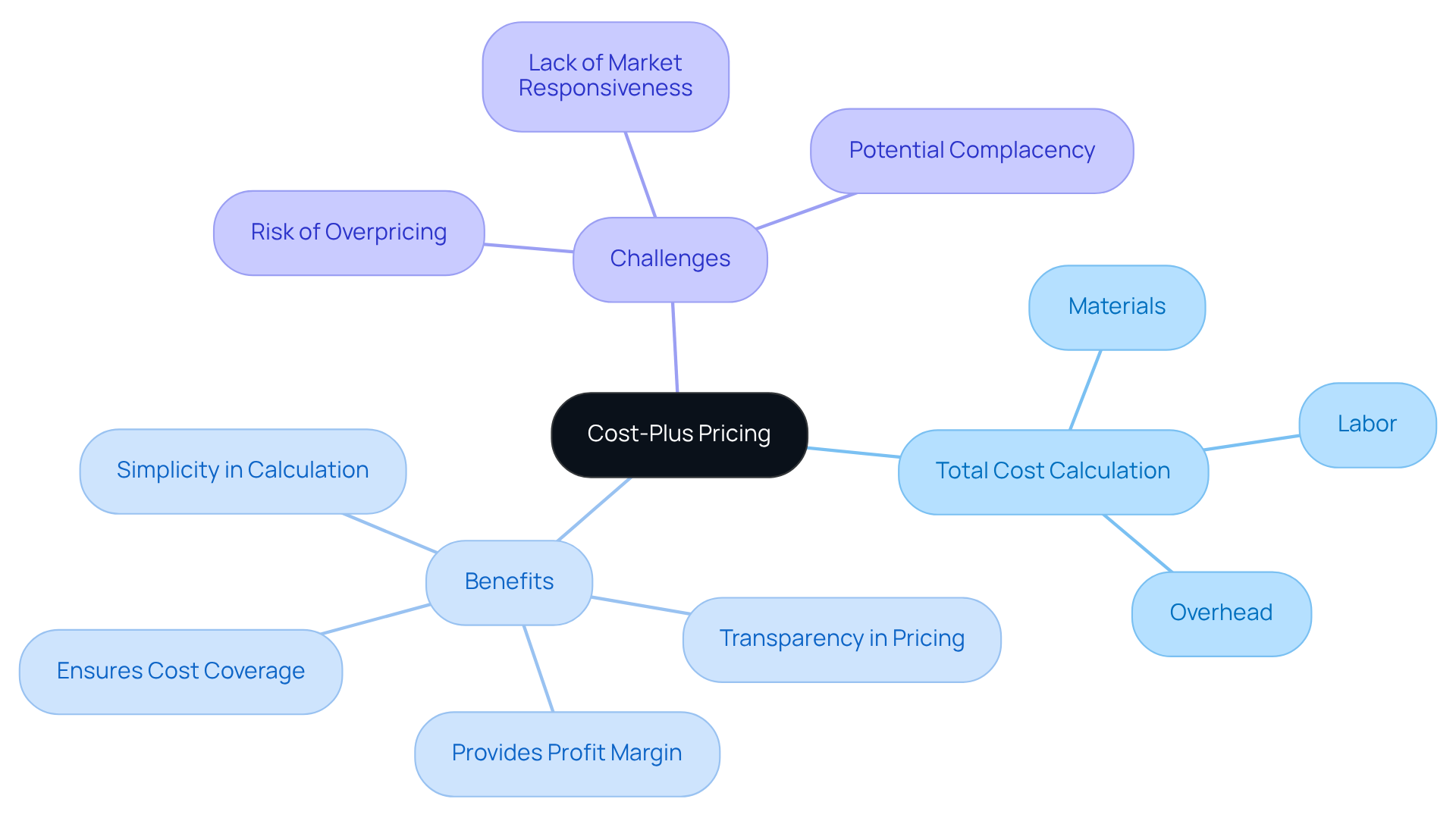 The central idea is cost-plus pricing. The branches represent the key components involved in calculating the total cost and how they contribute to setting a profitable price.