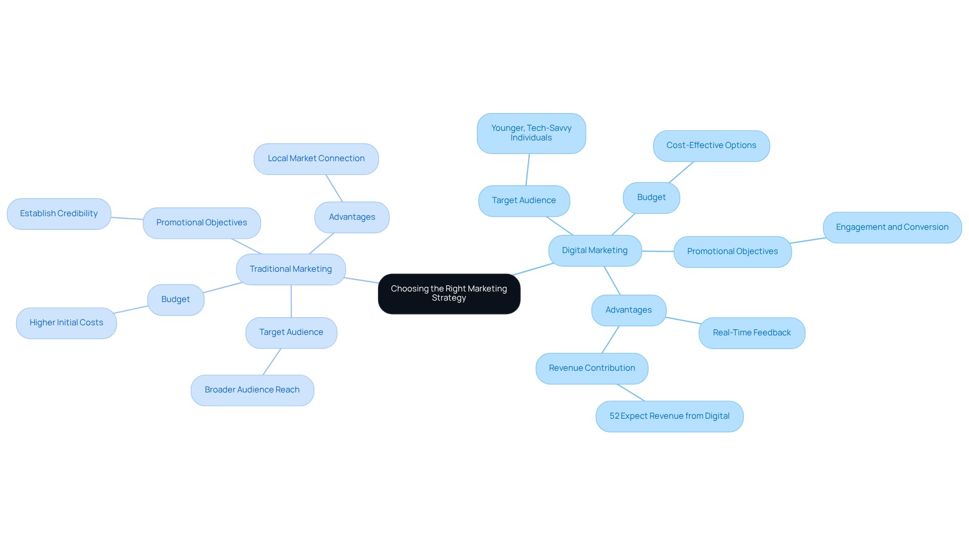 The center represents the decision-making topic, with branches showing the two marketing strategies. Each sub-branch outlines the key considerations and benefits of each approach, helping you understand how to choose the right strategy.