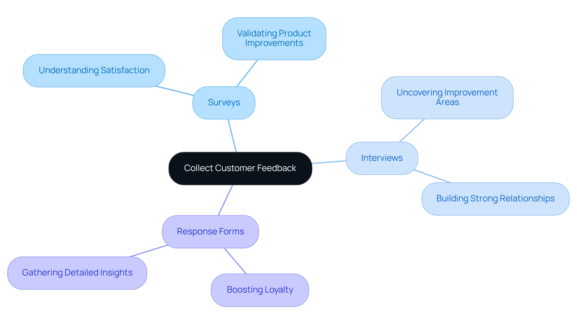 The central idea is about collecting feedback. Each branch shows different methods to gather feedback and how they help improve customer satisfaction and loyalty.