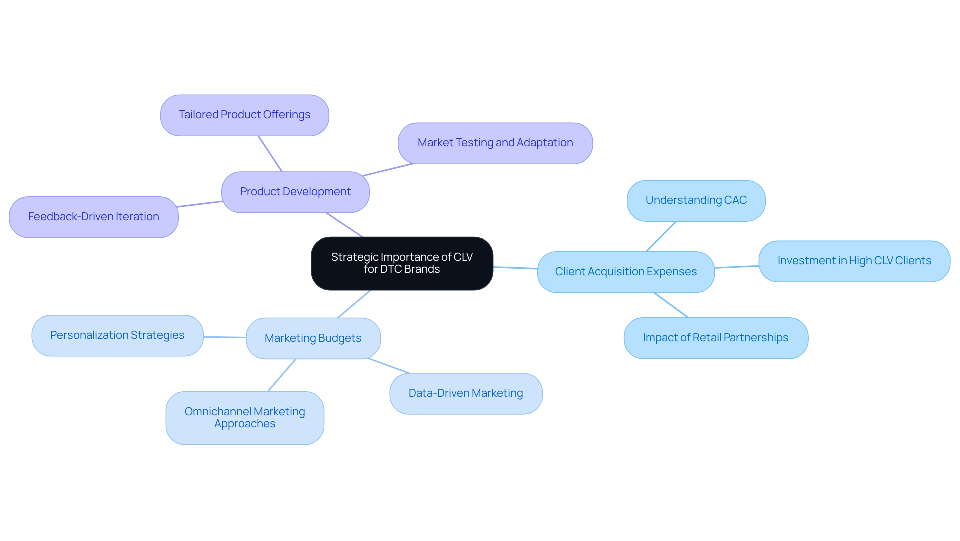 This mindmap illustrates how CLV is crucial for DTC brands by breaking down its impact on various strategic decisions. Each branch represents a key area where CLV plays a role, helping visualize the connections between customer value and business strategy.