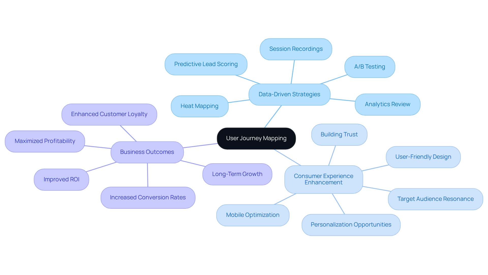 The center represents user journey mapping, with branches showing how expert insights influence consumer experiences and drive business success. Each branch highlights a key area of focus for Parah Group.