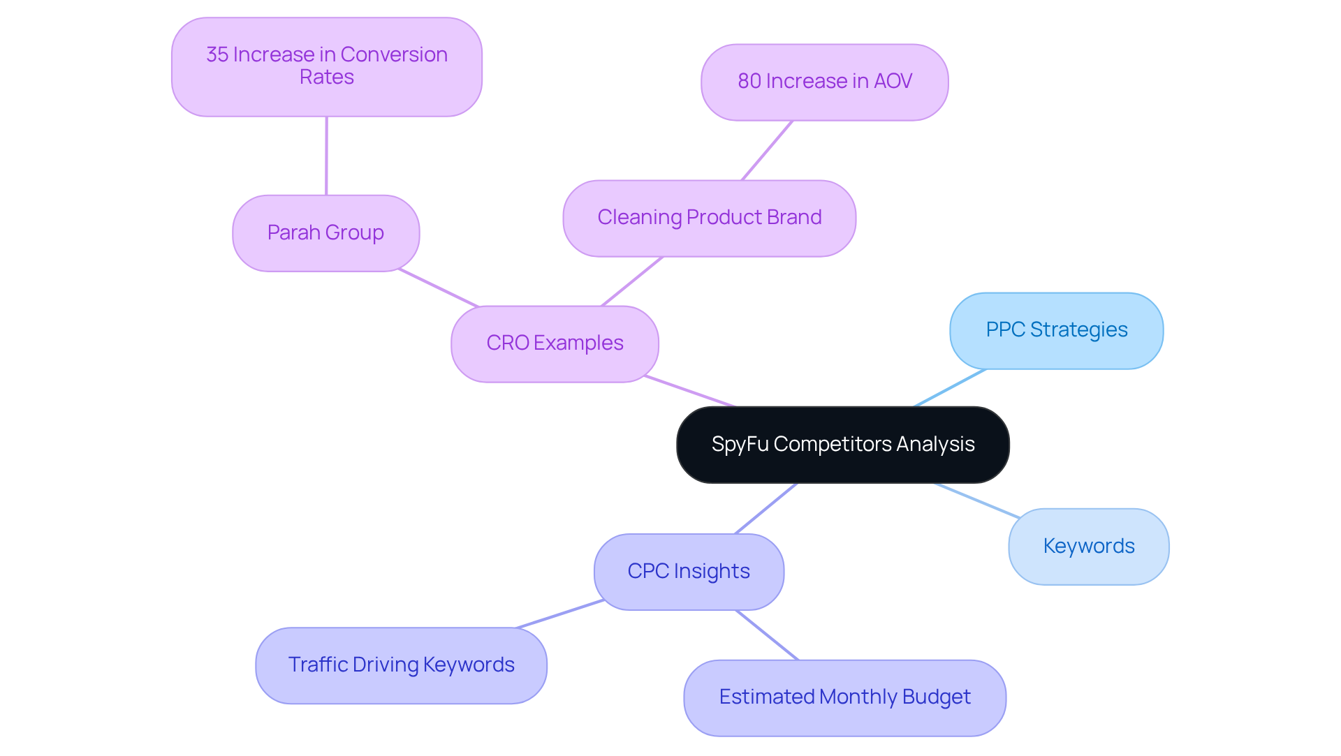 The central node represents the SpyFu tool, while branches explore its features and insights. The case studies illustrate successful strategies that led to significant improvements in conversion rates and average order value.