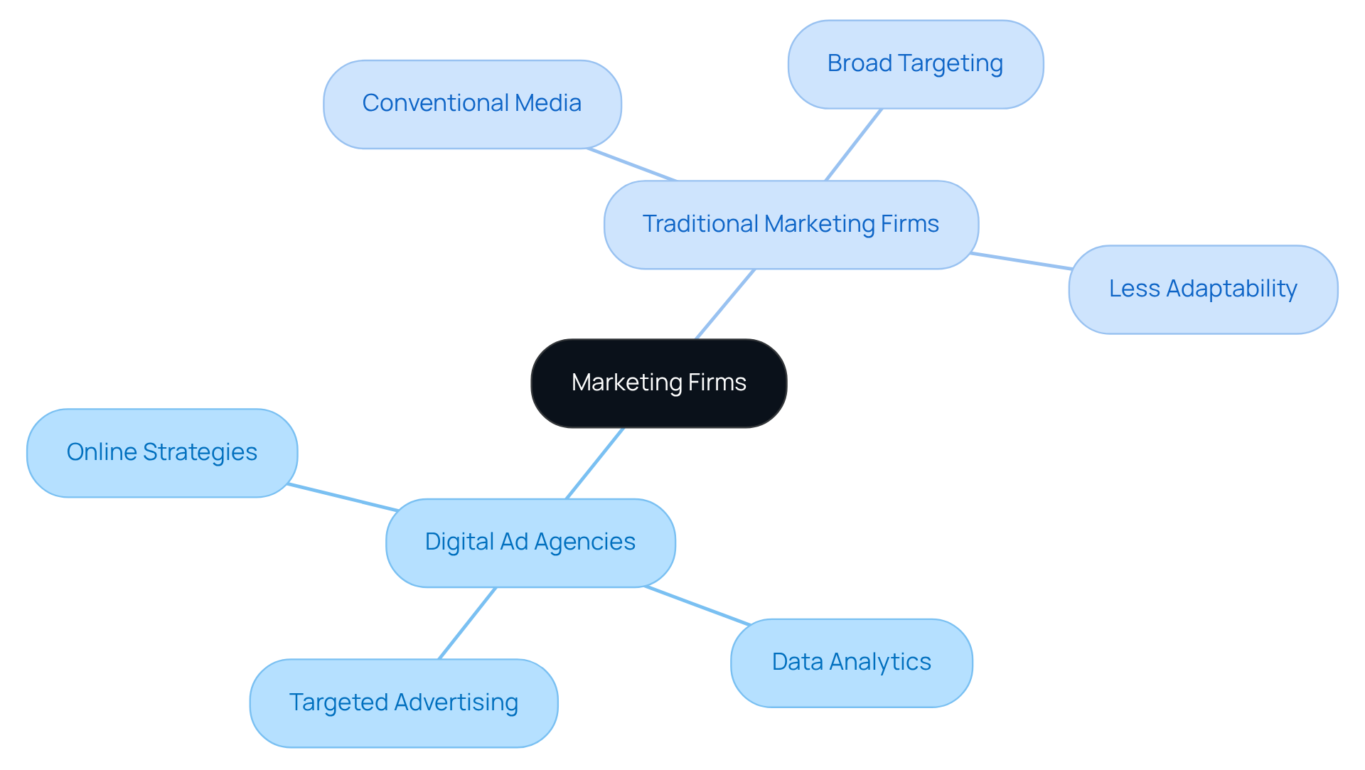 The central node represents the overall topic of marketing firms, while the branches highlight the two types and their unique characteristics. Follow the branches to see how each type approaches marketing differently.