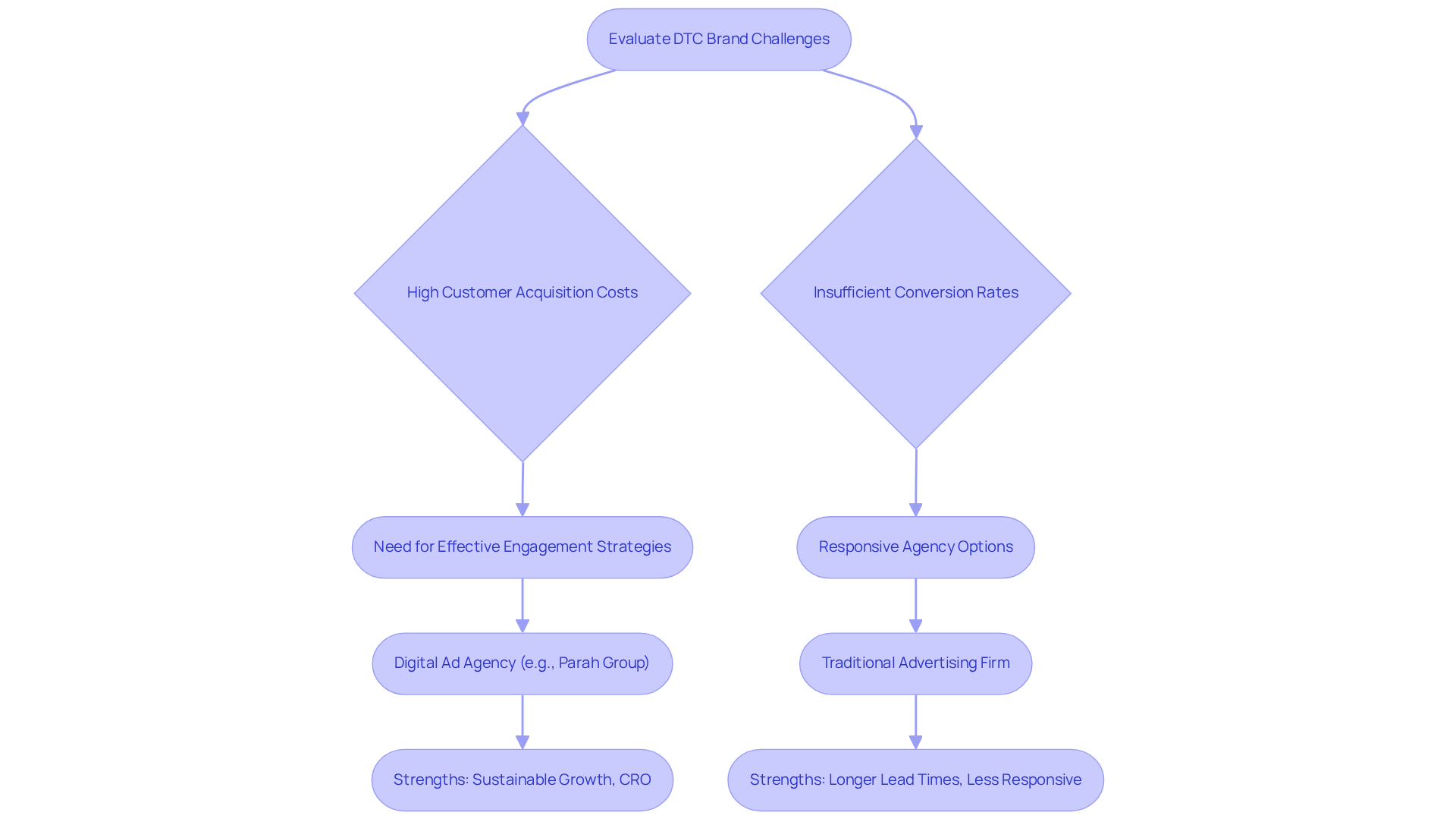 This flowchart guides you through the process of evaluating agency options based on specific DTC challenges. Follow the paths based on your needs to find the best agency fit!