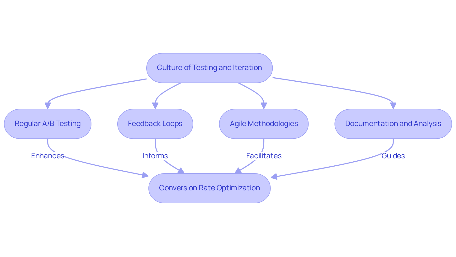 This flowchart outlines the essential steps in fostering a culture of testing and iteration. Each box represents a key component that helps improve conversion rates — follow the arrows to see how they connect and support each other.