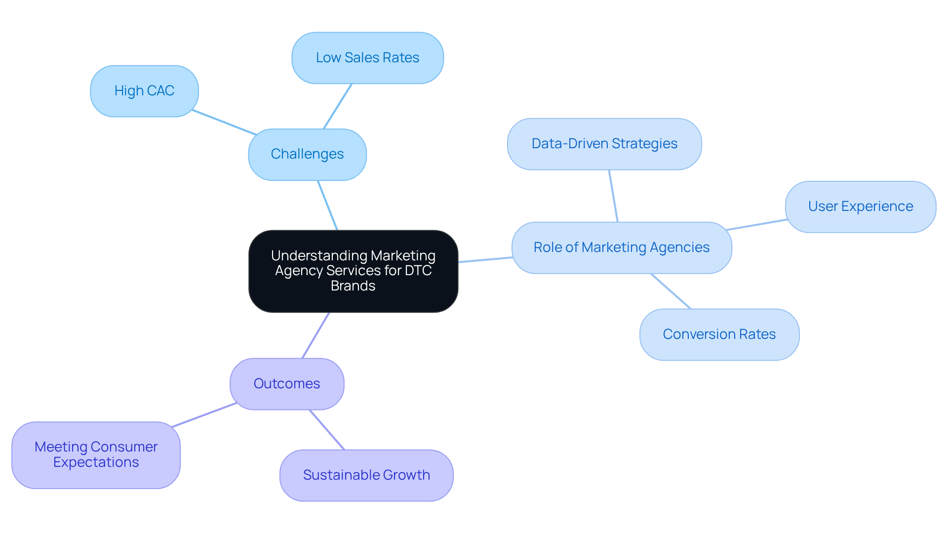 The central node represents the overall theme. Each branch explores important concepts and challenges DTC brands face, showing how tailored marketing services can help them succeed.