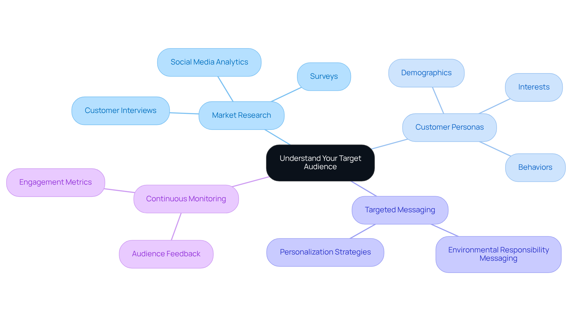 The center represents the main goal of understanding your audience. The branches show different strategies and tools you can use to achieve this understanding, with sub-branches detailing specific actions or examples.