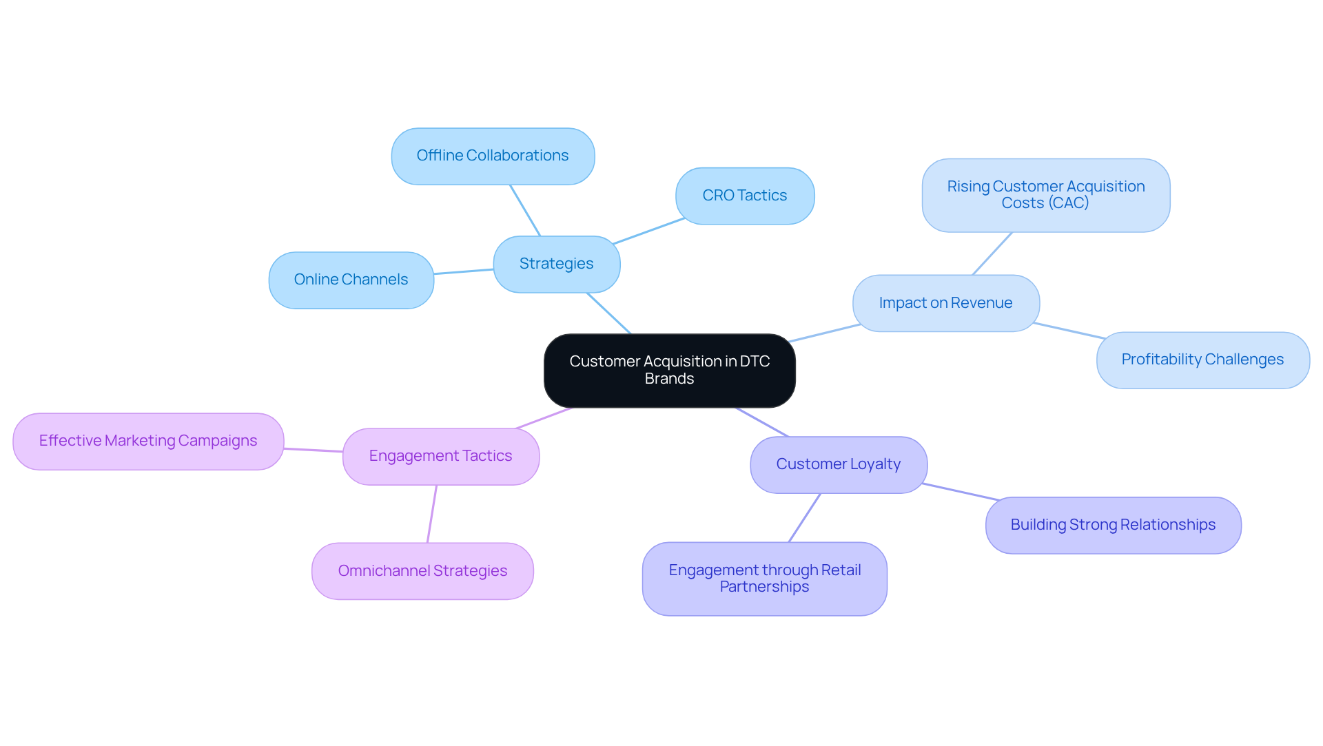 The center represents the main topic of customer acquisition, with branches illustrating various strategies and impacts. Each color-coded section helps you understand how these elements connect and contribute to the overall goal of fostering customer loyalty and profitability.