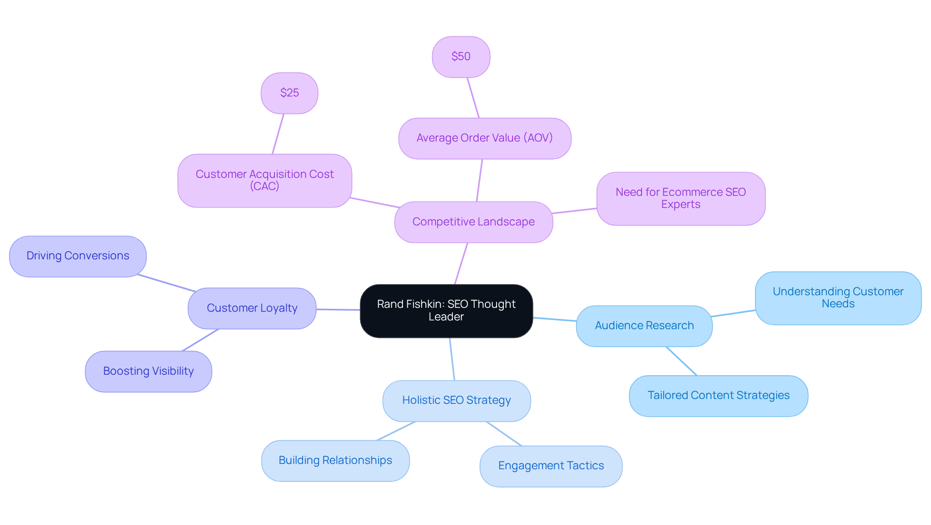 The center represents Rand Fishkin's influence in SEO. Each branch shows a different aspect of his strategy, with metrics illustrating important considerations for DTC companies in the digital marketplace.