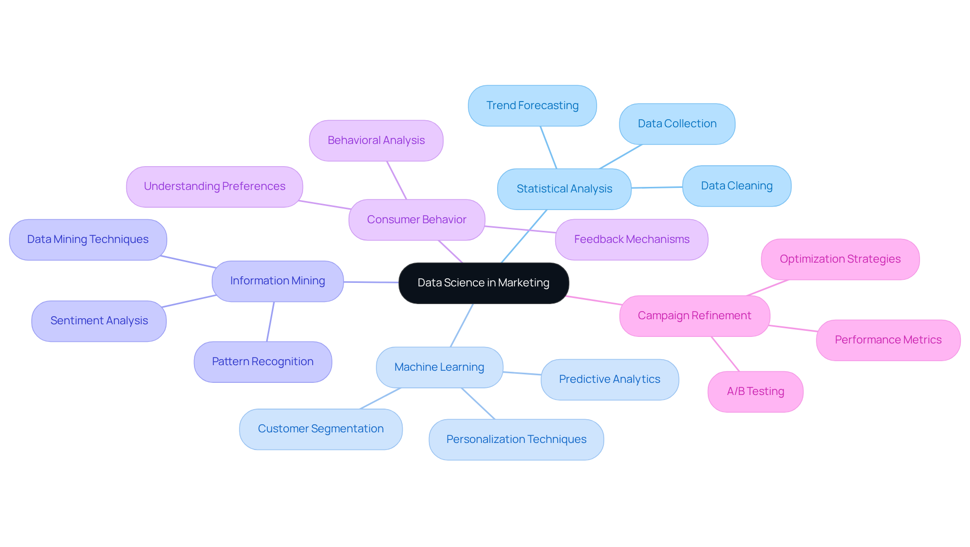 Each branch represents a key area of data science in marketing. The sub-branches provide specific actions and insights related to those areas, helping you see how they all connect.