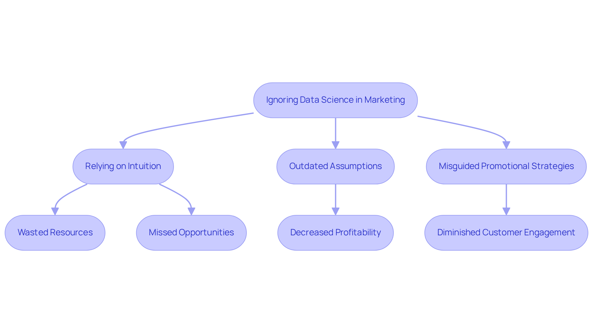 Each box represents a step or consequence. Start with ignoring data science, then follow to see how it leads to various risks that can affect a company’s success.