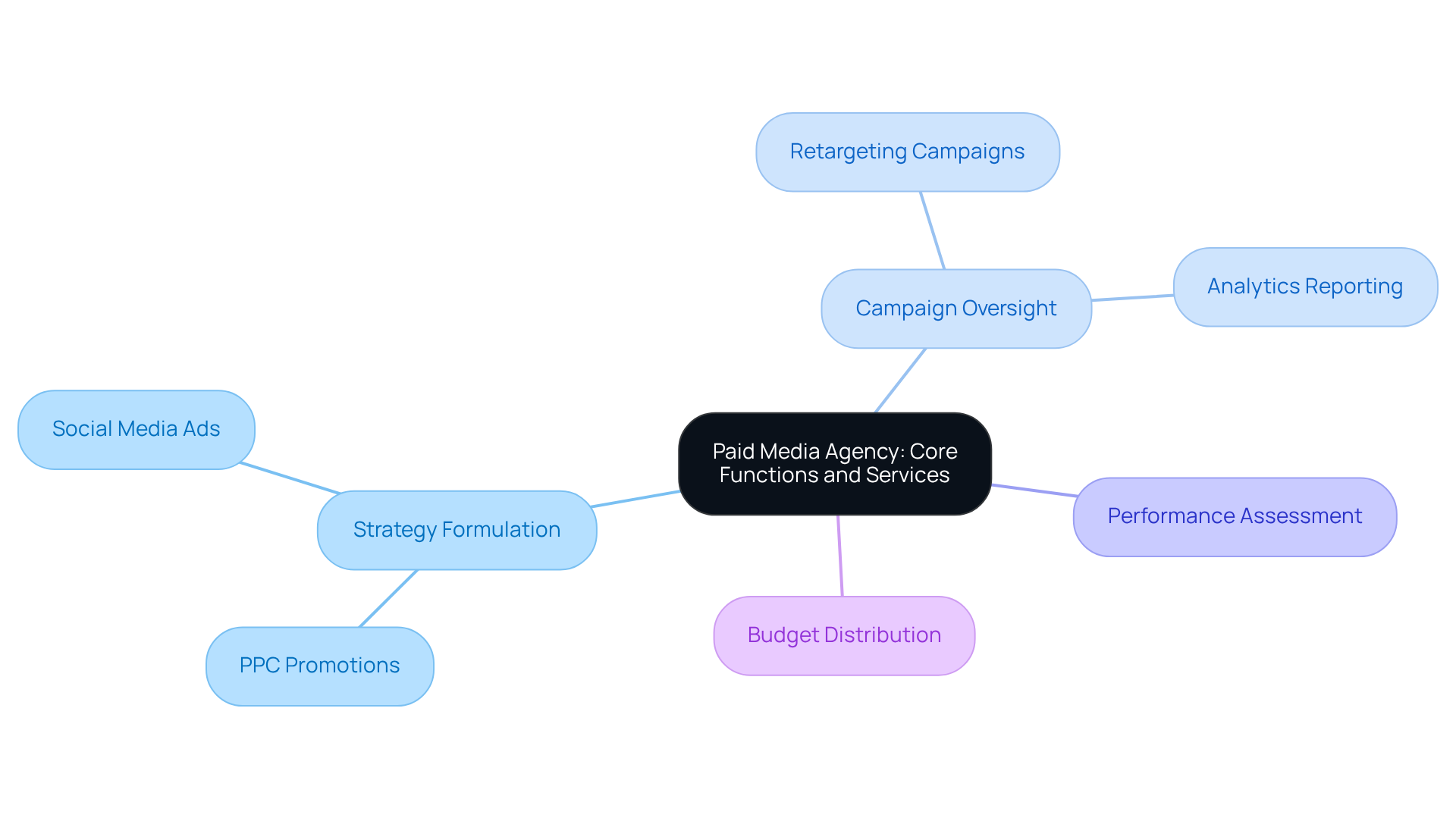The center shows the main concept of a paid media agency, with branches leading to their key functions and the services they offer. Each color represents a different function, making it easy to follow how they contribute to maximizing ROI.