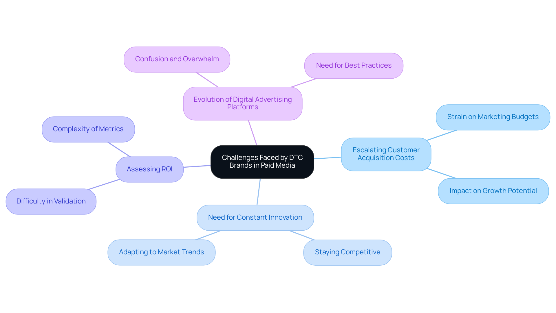 This mindmap starts with the main challenges at the center and branches out to show specific issues DTC brands face in their advertising strategies. Each branch highlights a key challenge, making it easy to understand the complexities involved.