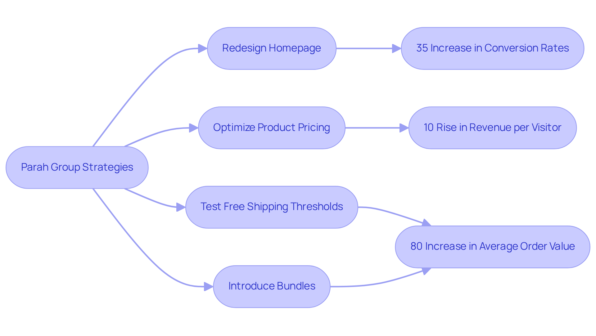 Each box shows a strategy implemented by Parah Group, with arrows pointing to the results achieved by DTC companies — this helps visualize how specific actions lead to measurable success.