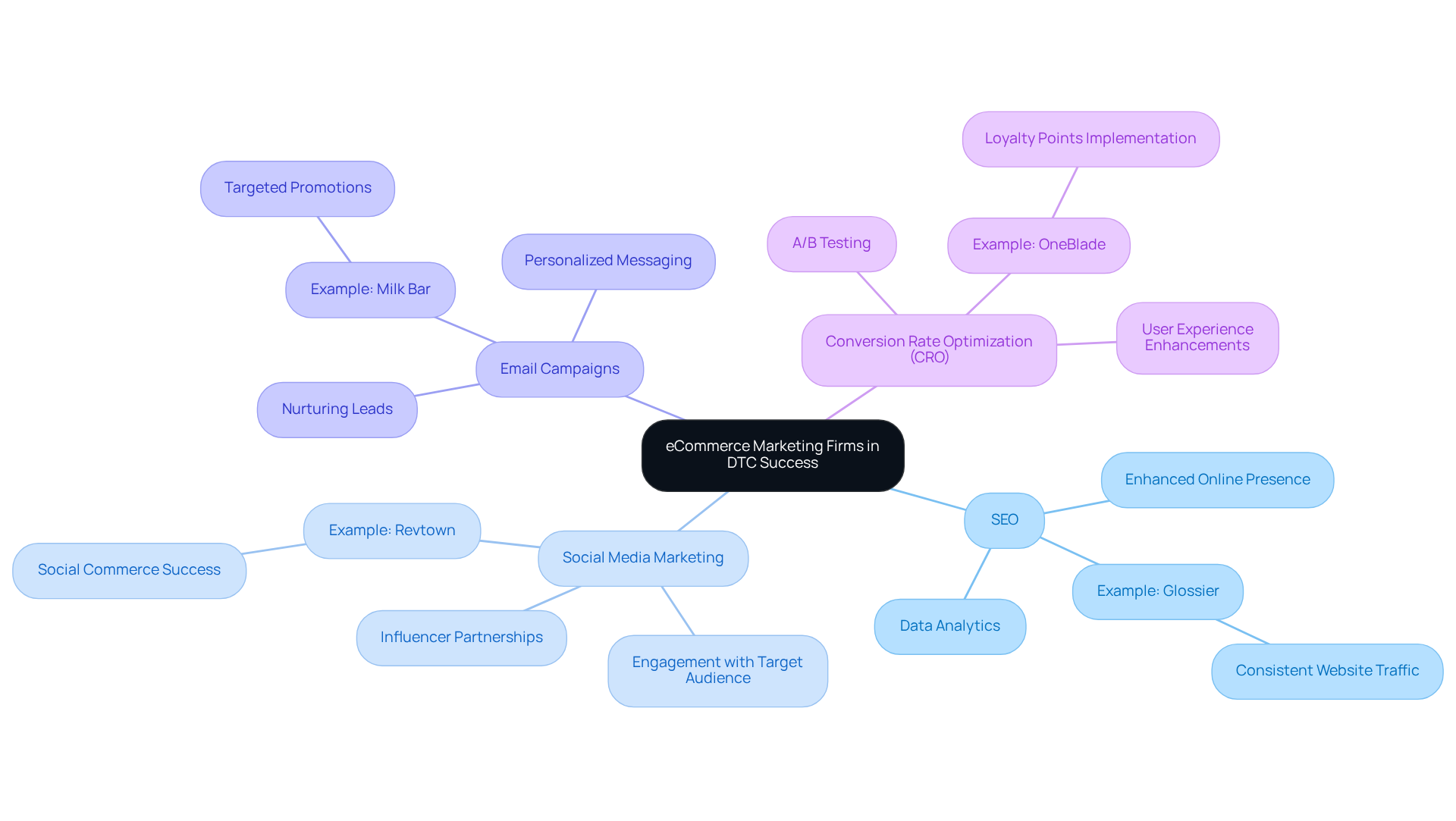 The central node represents the importance of ecommerce marketing firms, while the branches show the specific strategies they use. Each color-coded branch helps you see how each strategy contributes to the overall success of DTC brands.