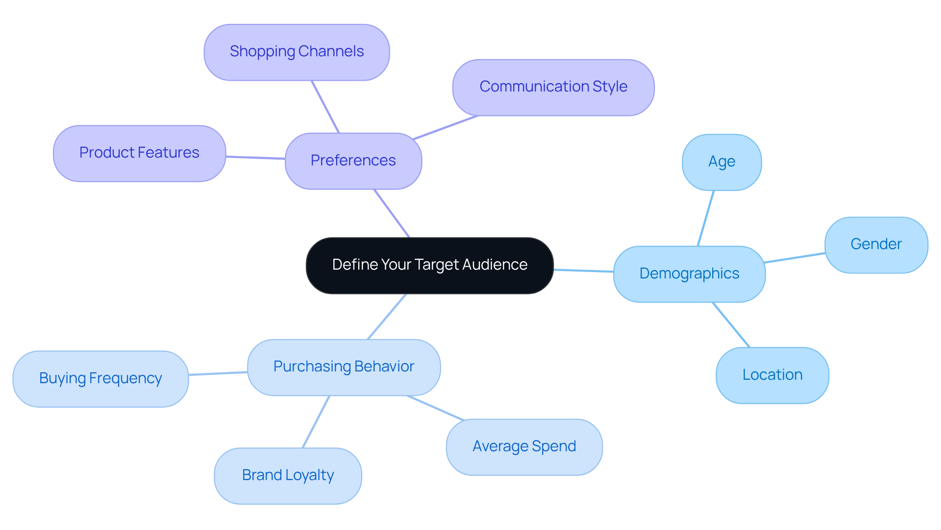 Start with the main idea in the center, then follow the branches to explore different ways to define your audience. Each category helps you understand a part of your audience better, which can lead to more effective marketing.