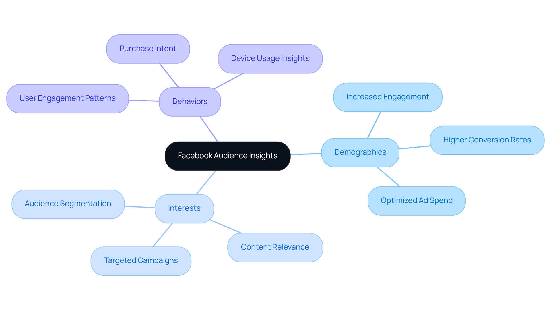 The center represents Facebook Audience Insights, and the branches show how understanding different audience aspects can lead to better advertising. Each color-coded branch highlights a specific area of focus that contributes to successful campaigns.
