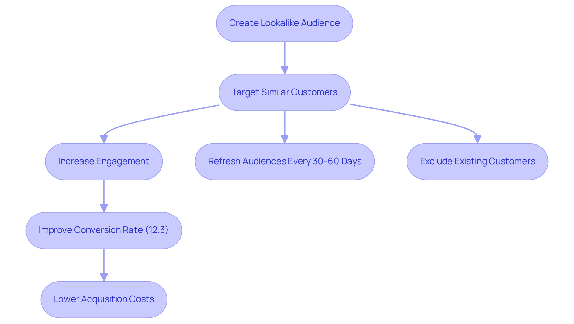 Follow the arrows to see the steps in leveraging Lookalike Audiences for marketing. Each box represents an action or result, showing how they connect in the process of expanding your reach and improving ad performance.