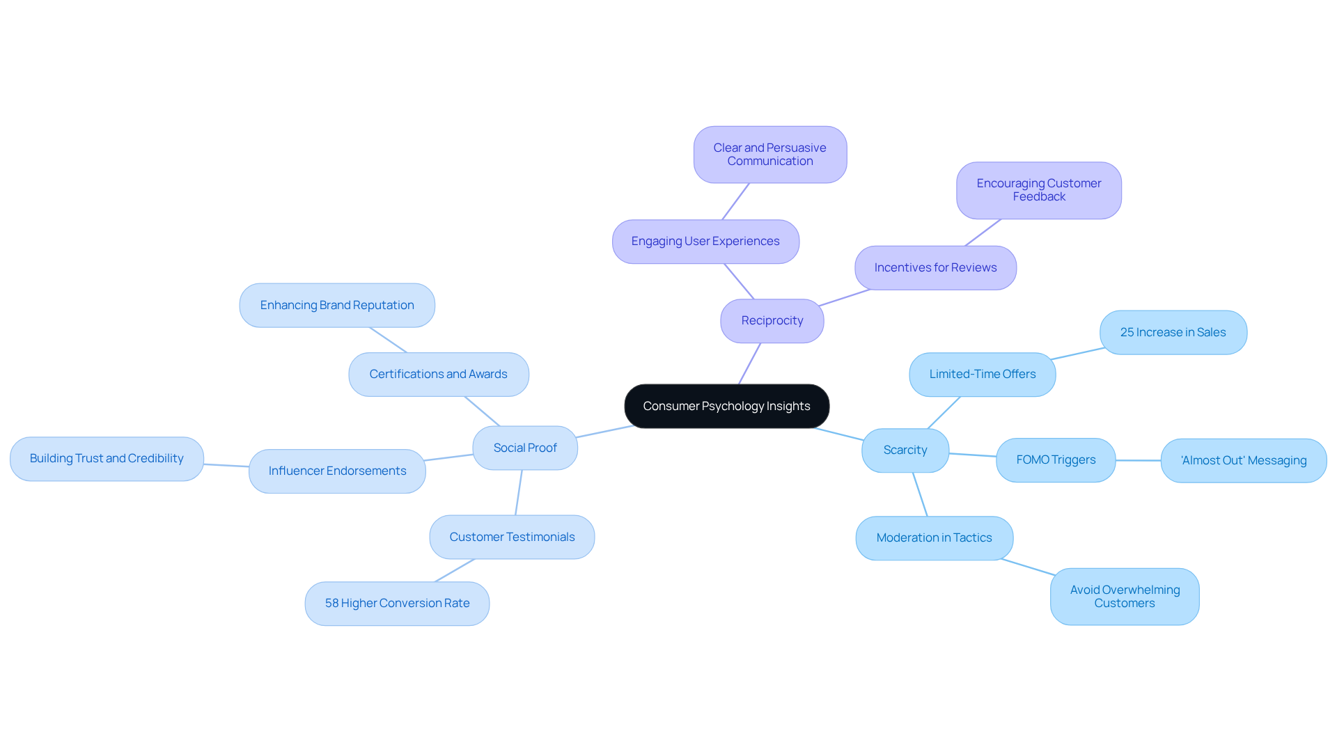 The center represents the overarching topic of consumer psychology. Each branch highlights a key principle, and sub-branches show specific strategies or results tied to that principle. This format helps you visualize how these concepts work together to improve user engagement.