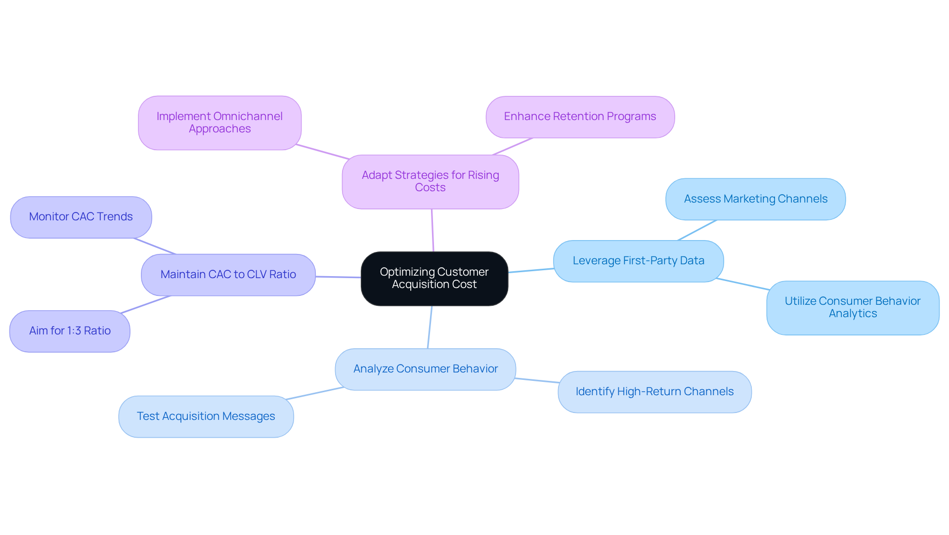 The center node represents the main goal of optimizing CAC. The branches show different strategies and recommendations, illustrating how they contribute to better ROI and sustainable growth.