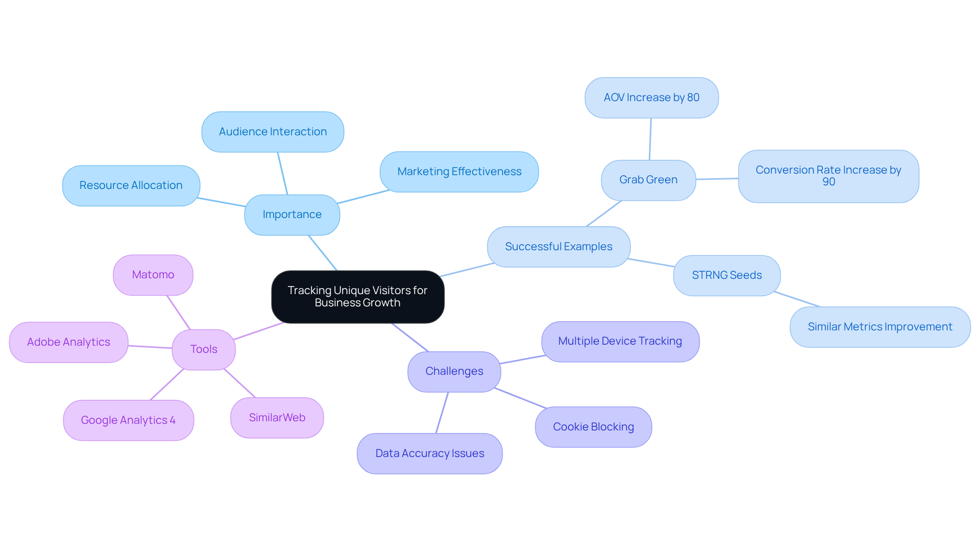 This mindmap illustrates how tracking unique visitors influences various aspects of business growth. Each branch connects an idea or example, helping you see the relationships between unique visitor tracking and the overall success of DTC companies.