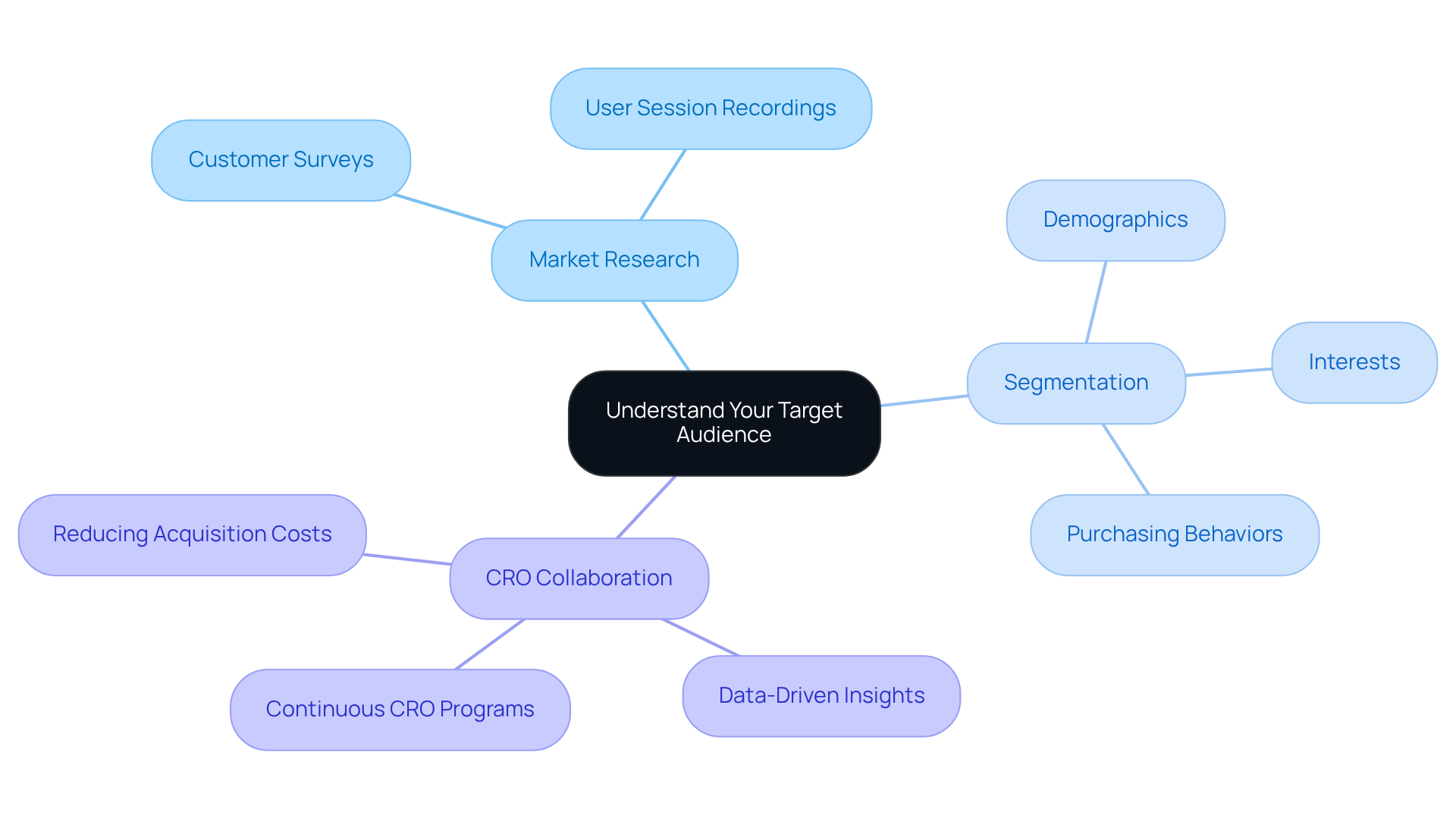 The center represents the main goal of knowing your audience, while the branches show different strategies and methods to achieve that goal. Each branch illustrates how companies can dive deeper into understanding their consumers for better marketing effectiveness.