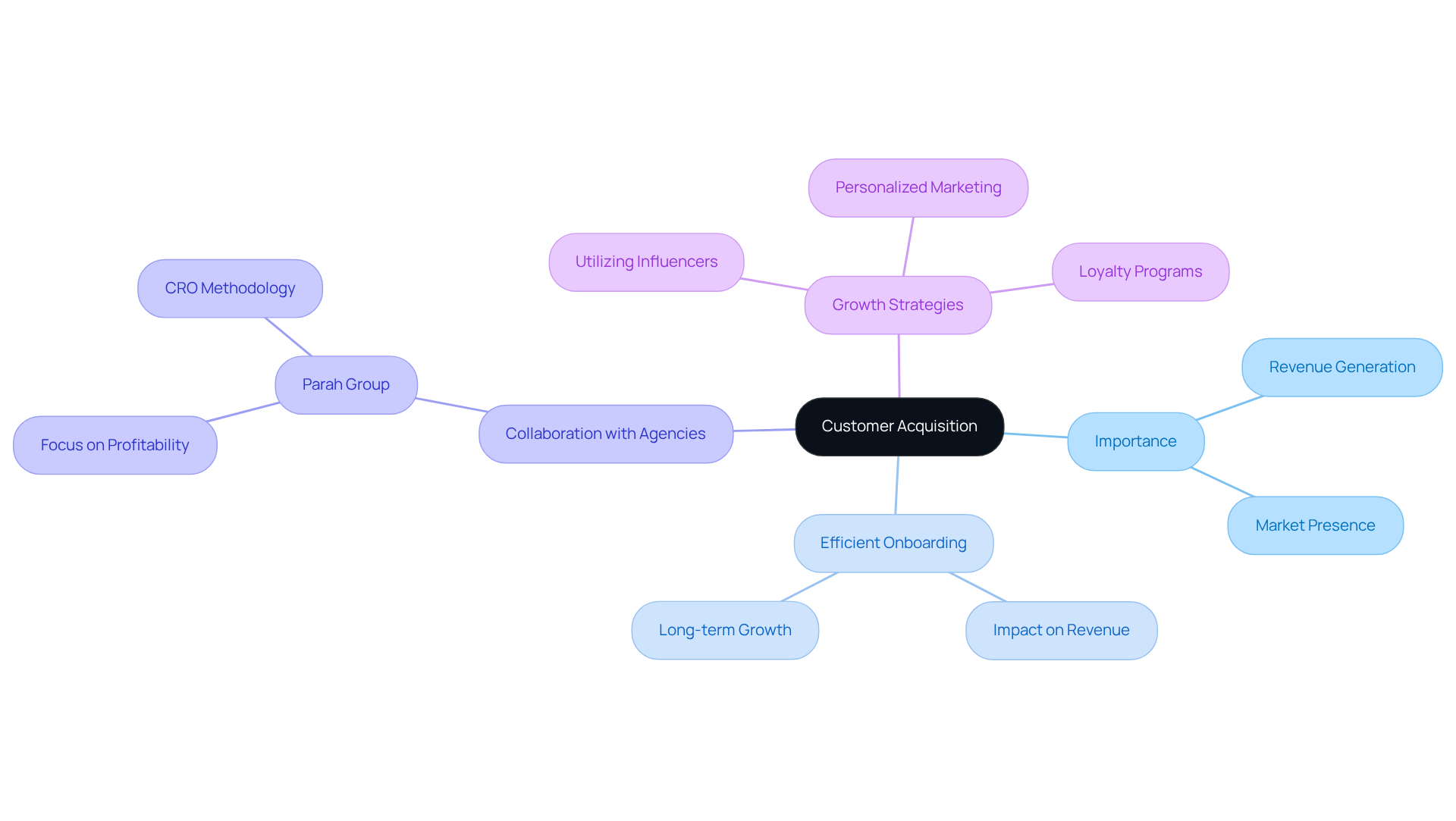 The center represents the main concept of customer acquisition. Each branch explores related topics, showing how they contribute to understanding why acquiring customers is crucial for business success.
