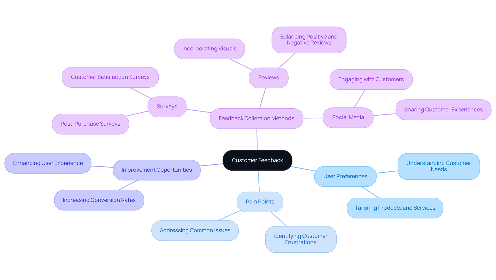 The central node represents the importance of customer feedback. Each branch explores different aspects—like how feedback reveals user preferences and ways to collect it—showing how they contribute to enhancing business performance.