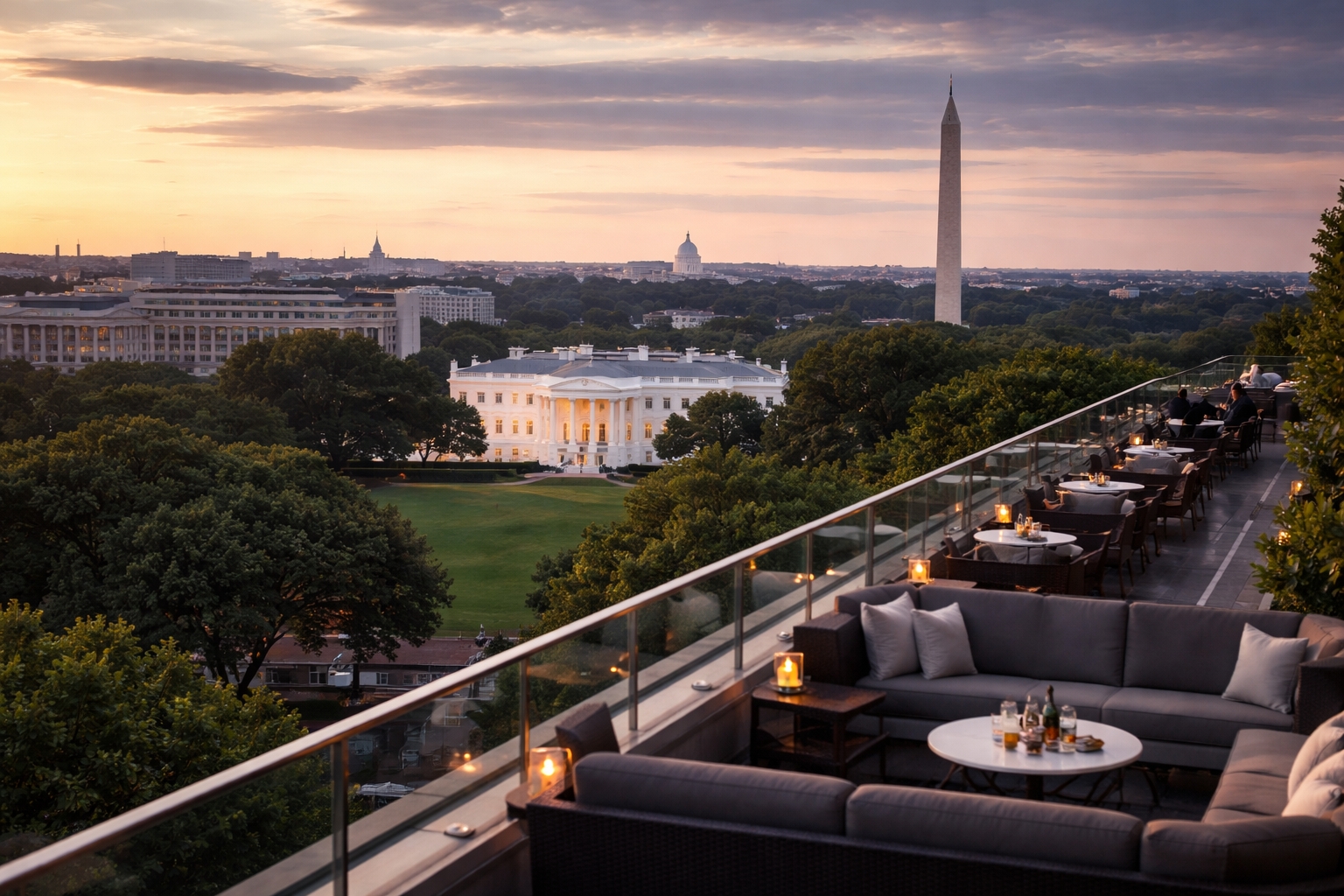 Rooftop terrace at dusk overlooking the White House and Washington Monument