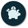 A navy round badge with a piggy bank icon