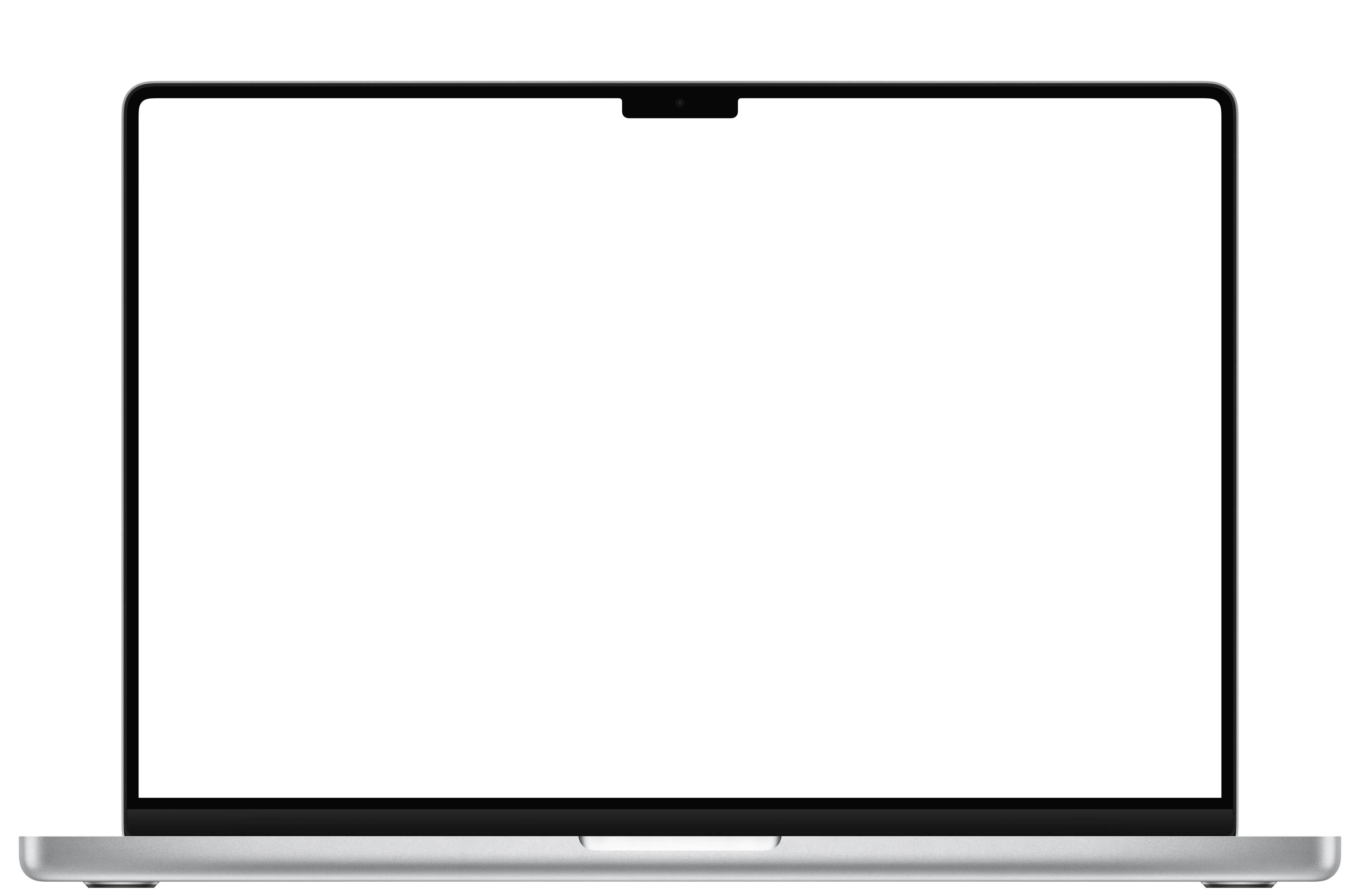 Front view of a silver laptop with black screen and webcam at top center.