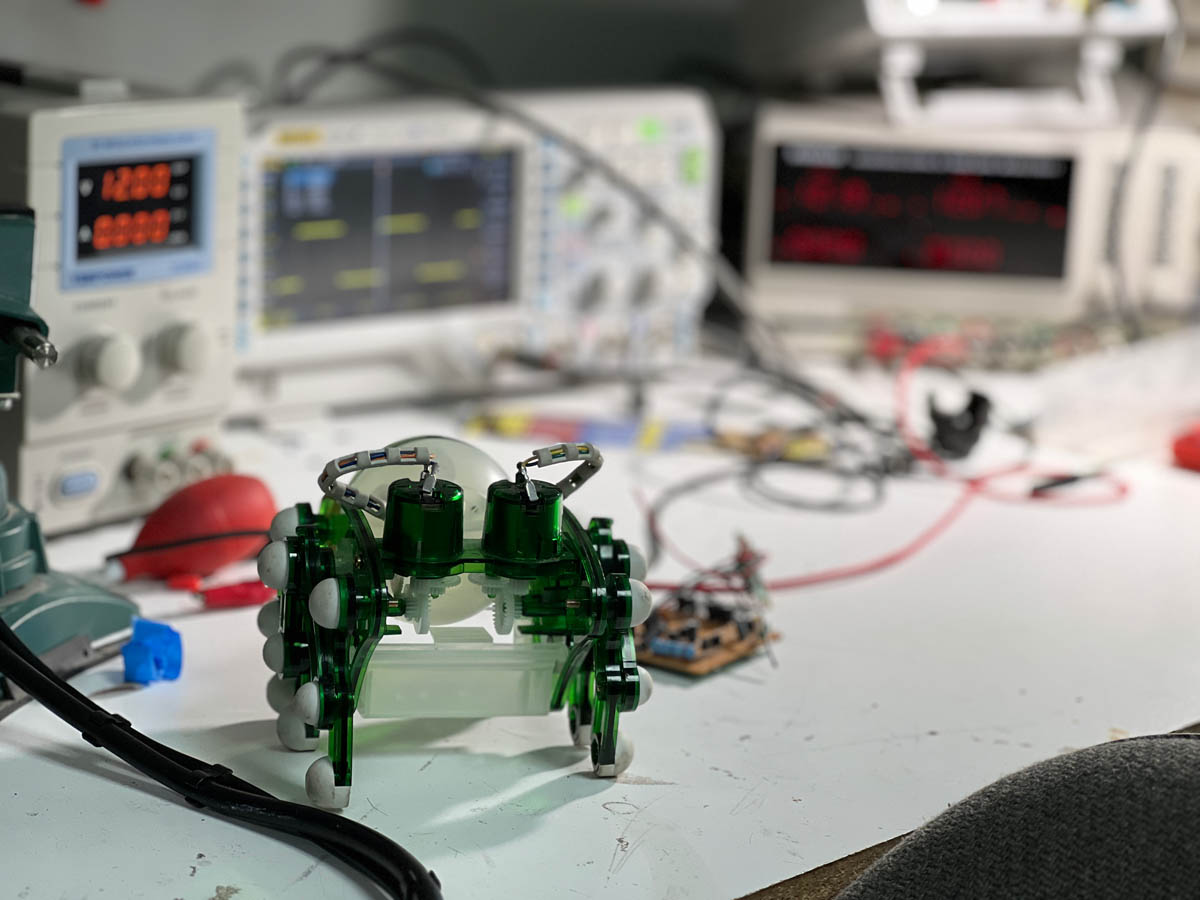 Young human in a yellow shirt and gray pants painting on a wall with a brush in a busy indoor space.
