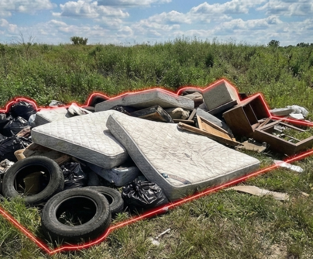 Illegal dumping site with discarded mattresses, tires, black bags, and wooden furniture in a grassy field under a partly cloudy sky.