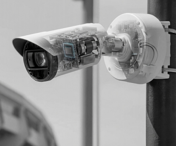 Surveillance camera mounted on a pole with a transparent view showing internal components and circuitry.