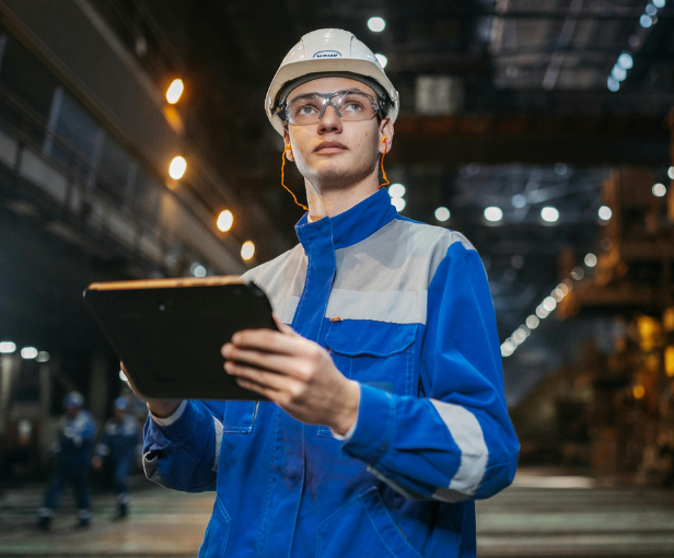 Young factory worker wearing safety helmet, glasses, and blue uniform holding a tablet inside an industrial facility.