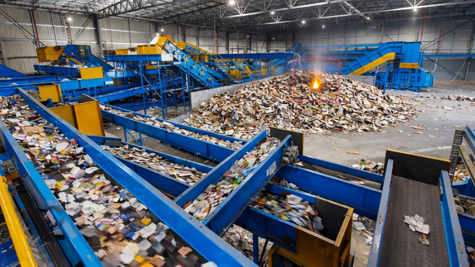 Interior of a recycling facility with blue conveyor belts carrying paper and a small fire on a pile of paper in the background.