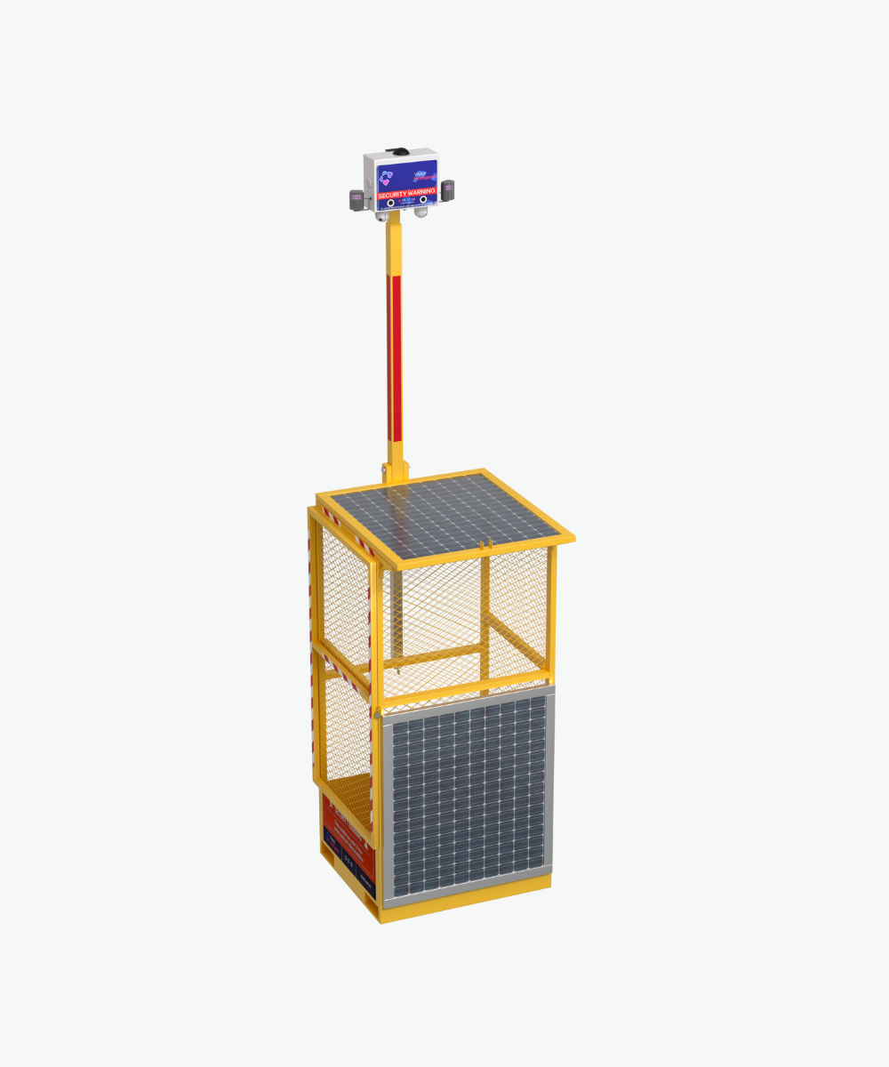 Yellow security enclosure with solar panels and mounted warning camera system.