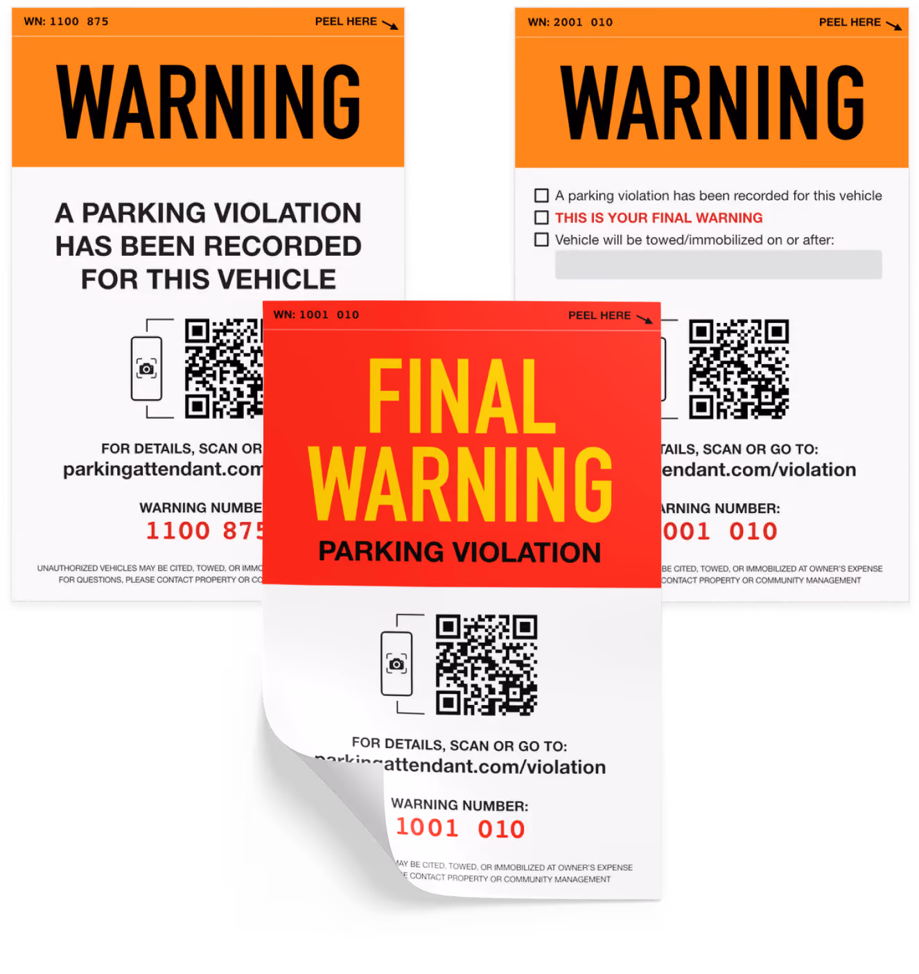 Three parking violation warning stickers with bold headers and QR codes: left sticker has an orange header saying WARNING and text "A parking violation has been recorded for this vehicle," with a warning number 1100 875; right sticker has an orange header WARNING and checkboxes for violation recorded, final warning in red, and towing information, with warning number 2001 010; center sticker has a red header FINAL WARNING and text "Parking Violation," warning number 1001 010, and a peeling corner revealing part of the sticker back.