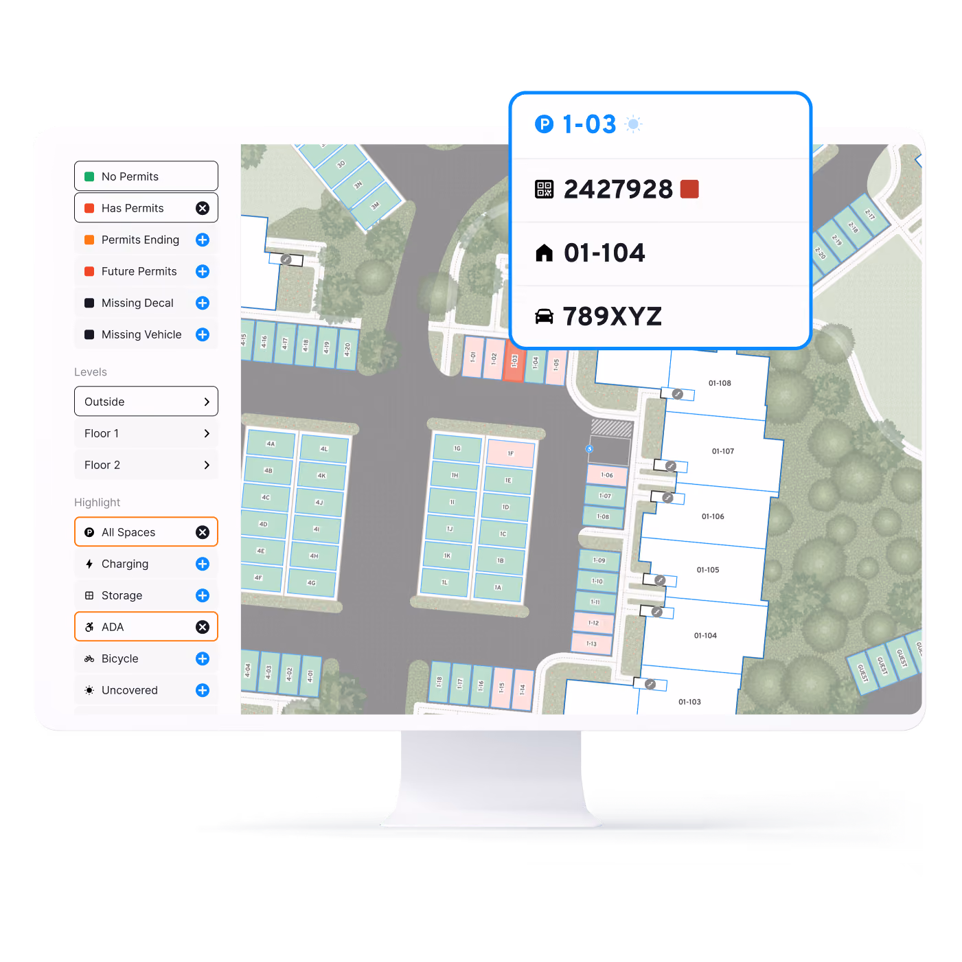 Smart parking map displayed on a monitor showing parking spaces in blue and red, with a details pop-up for space 1-03 indicating permit number 2427928, address 01-104, and vehicle license 789XYZ. The left panel includes a legend for permit status with colors green, red, orange, and black, options to view levels Outside, Floor 1, Floor 2, and highlight filters for All Spaces, Charging, Storage, ADA, Bicycle, and Uncovered.