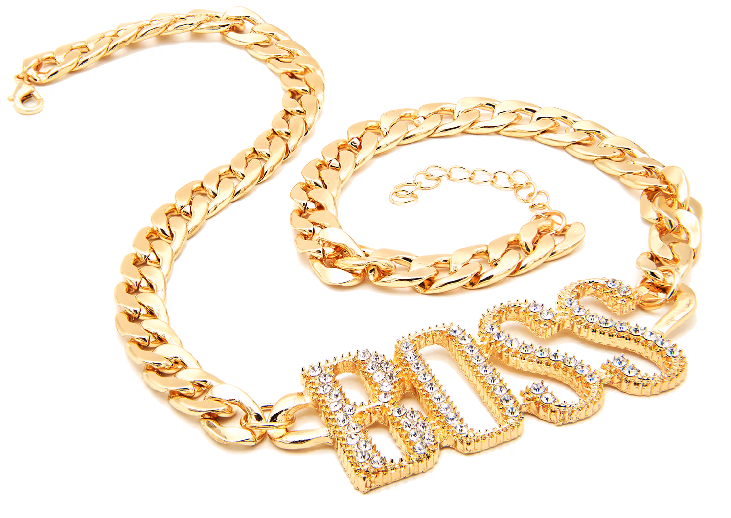 Gold chain necklace with a rhinestone BOSS pendant